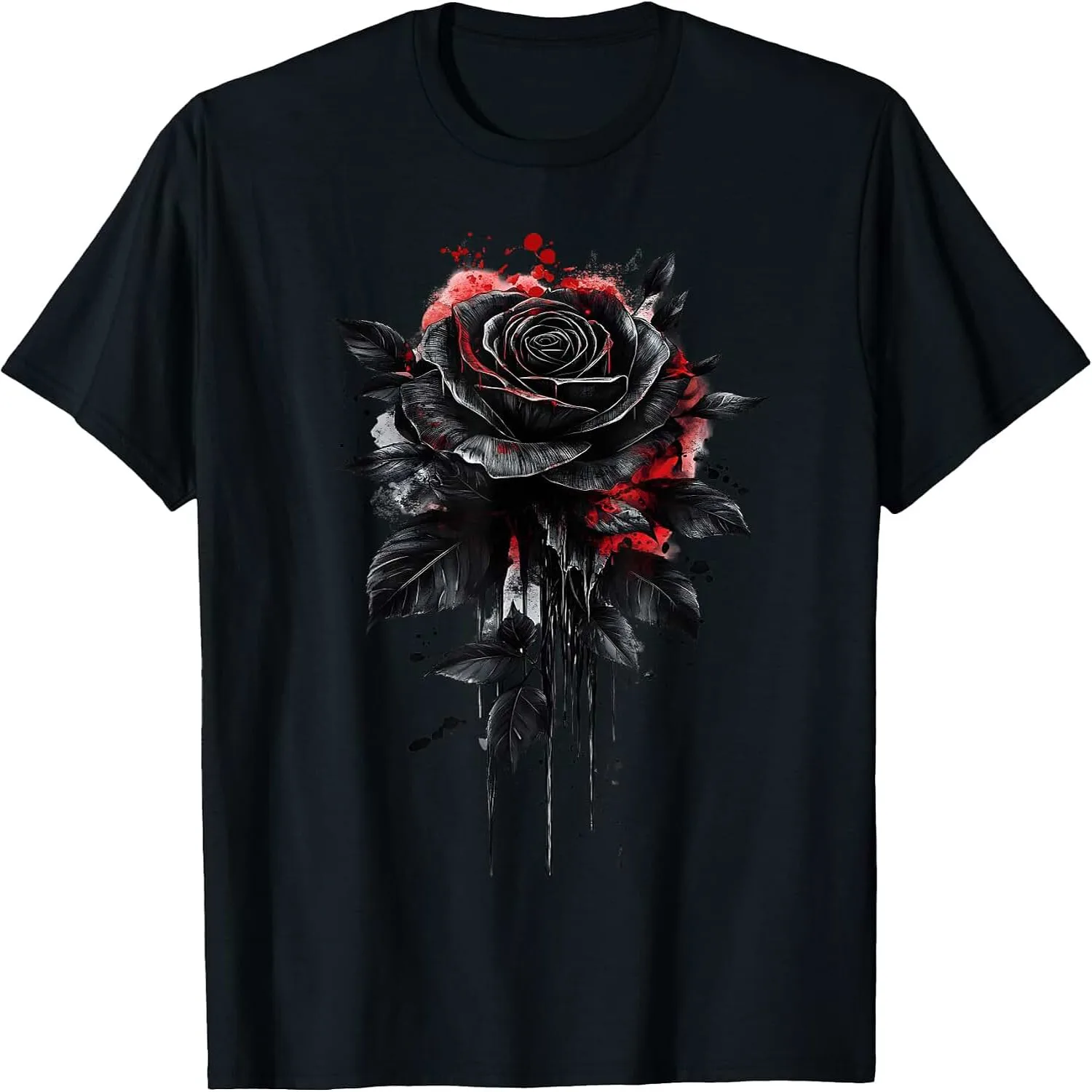 Gothic Black Rose Red Splatter Paint Drip Art Floral Graphic T-Shirt