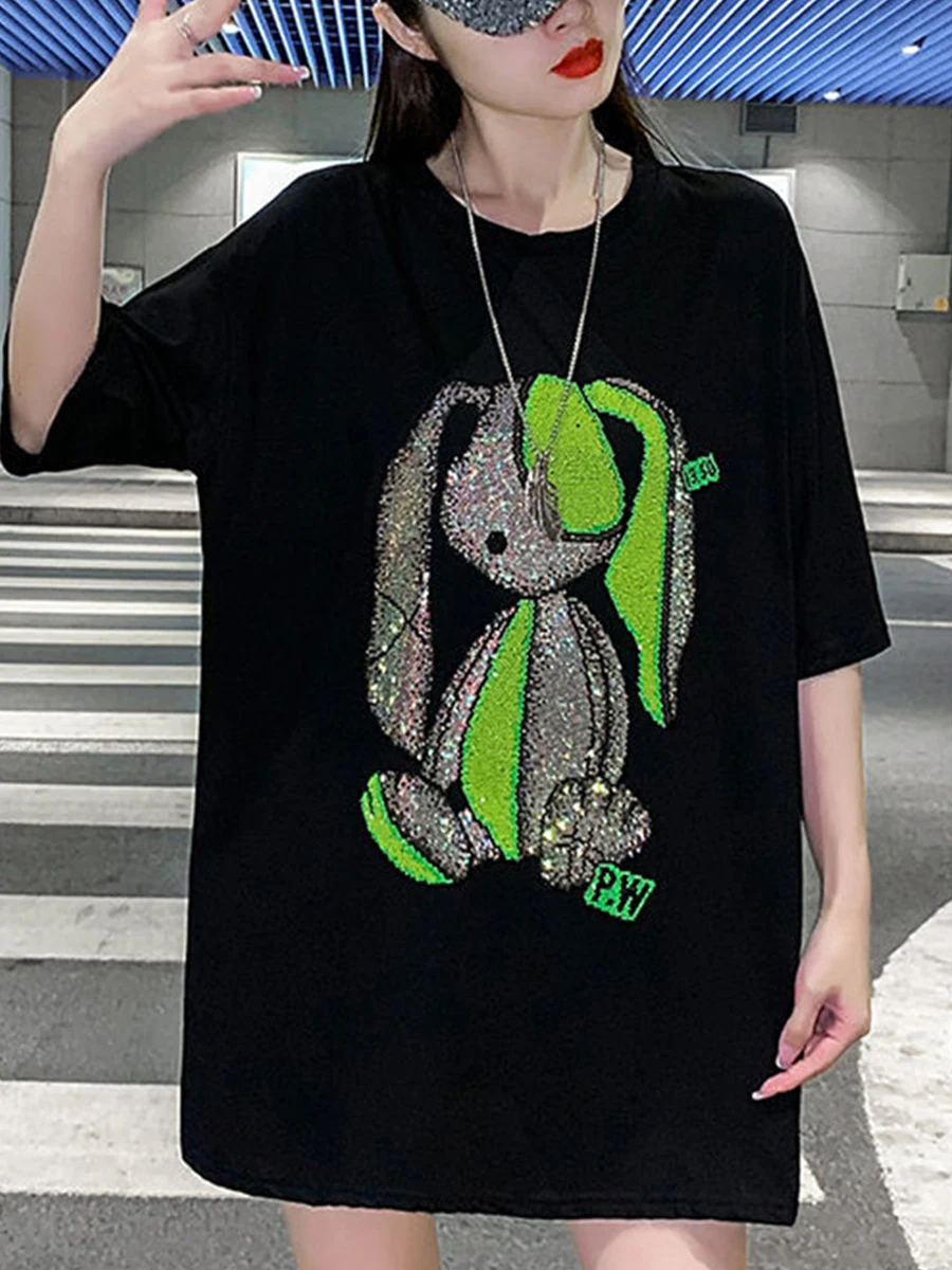 Cool Black Tshirt Streetwear Summer Diamonds Rabbit T Shirt Women Harajuku Short Sleeves Tops Tee Funny Hip Hop Oversized Tshirt