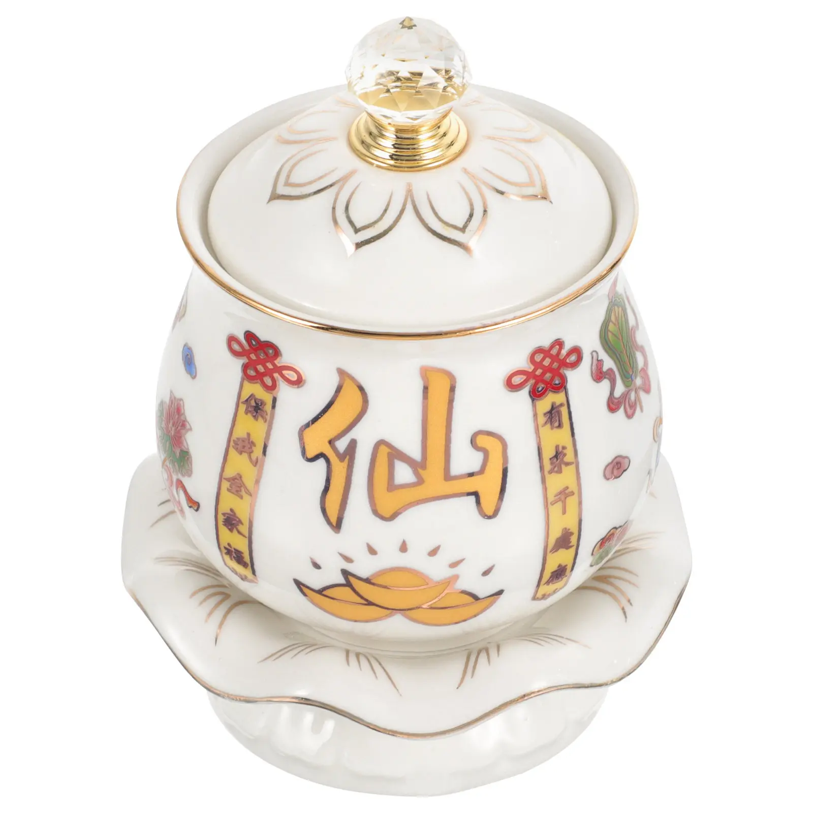 Buddhist Ceramic Offering Cup Elegant Tray Lid Design Thick Polished Bottom Ritual Bowl for Temple Church Decoration Water