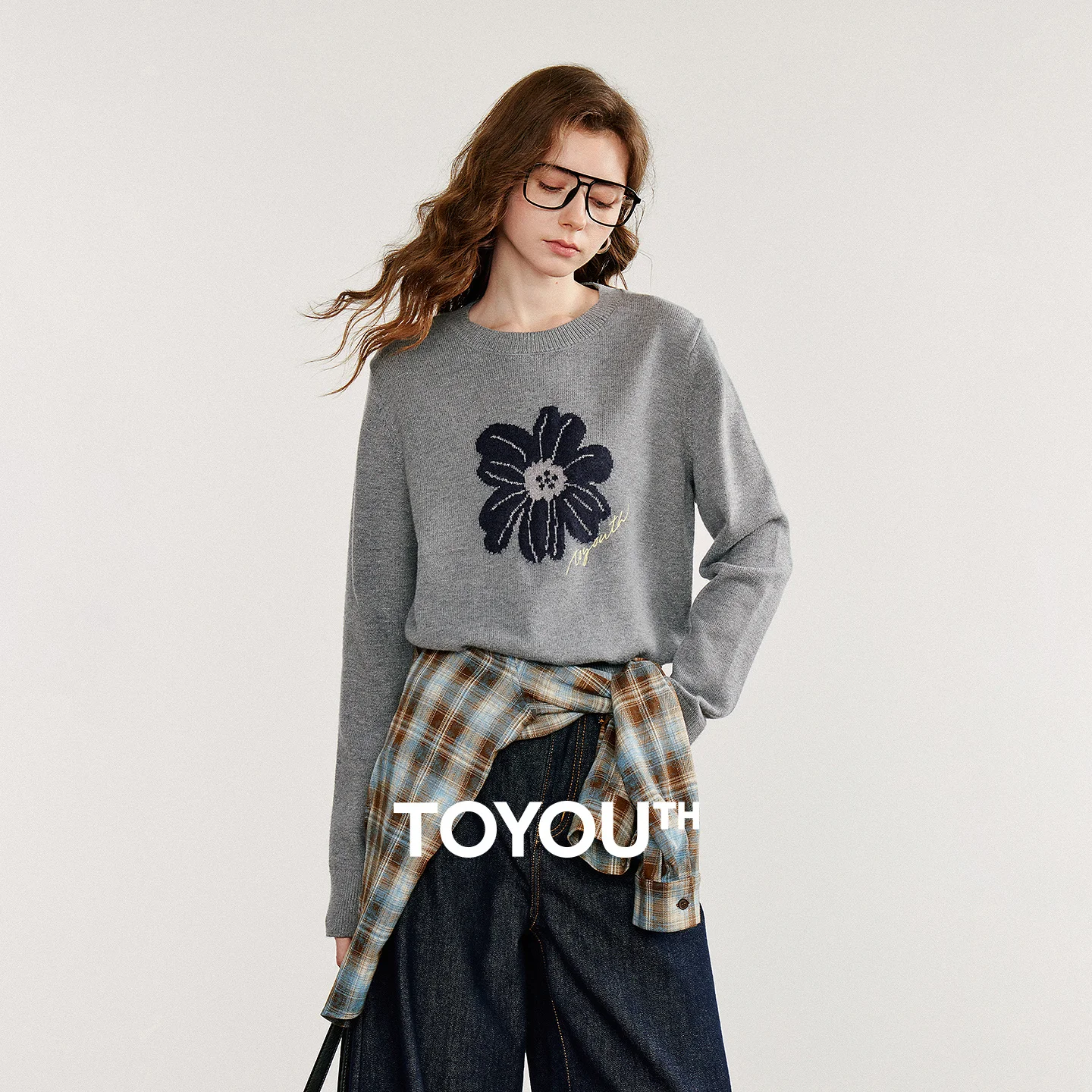 TOYOUTH Women Knitted Sweater 2025 Autumn New Countryside Style Flower Jacquard Long Sleeve Round Neck Pullover Tops