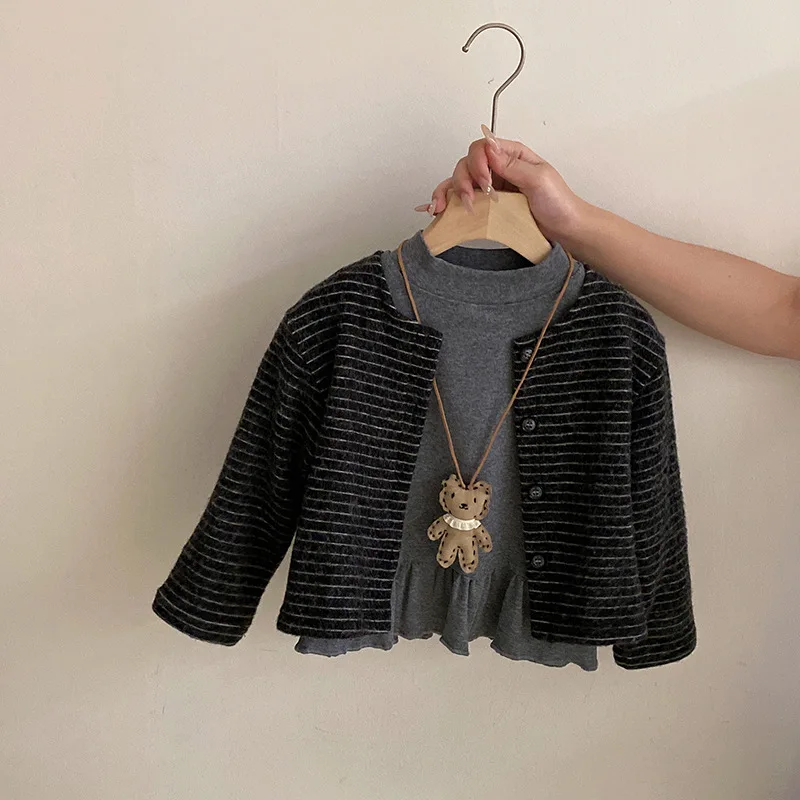 Korean Version of Girls' Autumn Striped Top Skirt Bottoming Shirt 2025 Lace Lace Fart Curtain Casual Pants Four-piece Set
