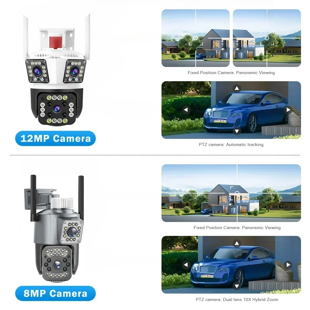 WJG 12MP WIFI Camera Three Lens Wifi Survalance Camera 6k 8X IP Auto Tracking Outdoor protezione di sicurezza impermeabile