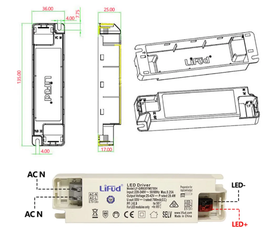 Lifud LED Driver LF-GIFxxxYS 33-40V 500mA 900mA 1000mA 1050mA 1200mA 1300mA 1400mA 1500mA 40-60W trasformatore di alimentazione LED