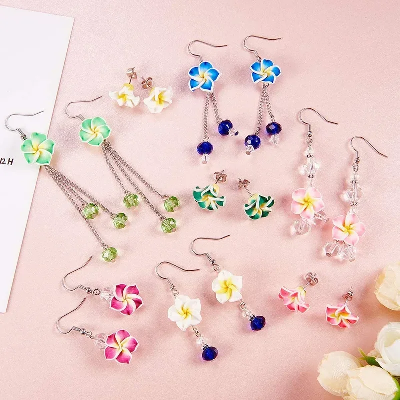 16 Pairs Polymer Clay 3D Flower Stud Dangle Earring Making Kits - Hawaiian Plumeria Floral Beads with Earring Hooks &  Ear Stud