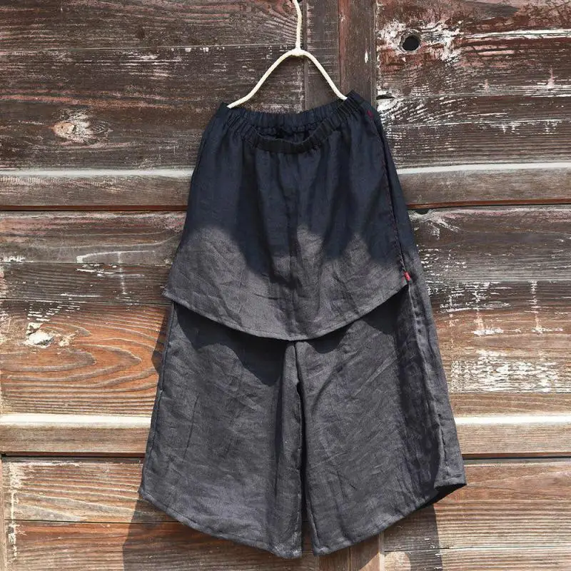 Spring Summer Arts Style Women Elastic Waist Loose Calf-length Skirt Pants False Two Pieces Vintage Linen Casual Wide Leg Pants