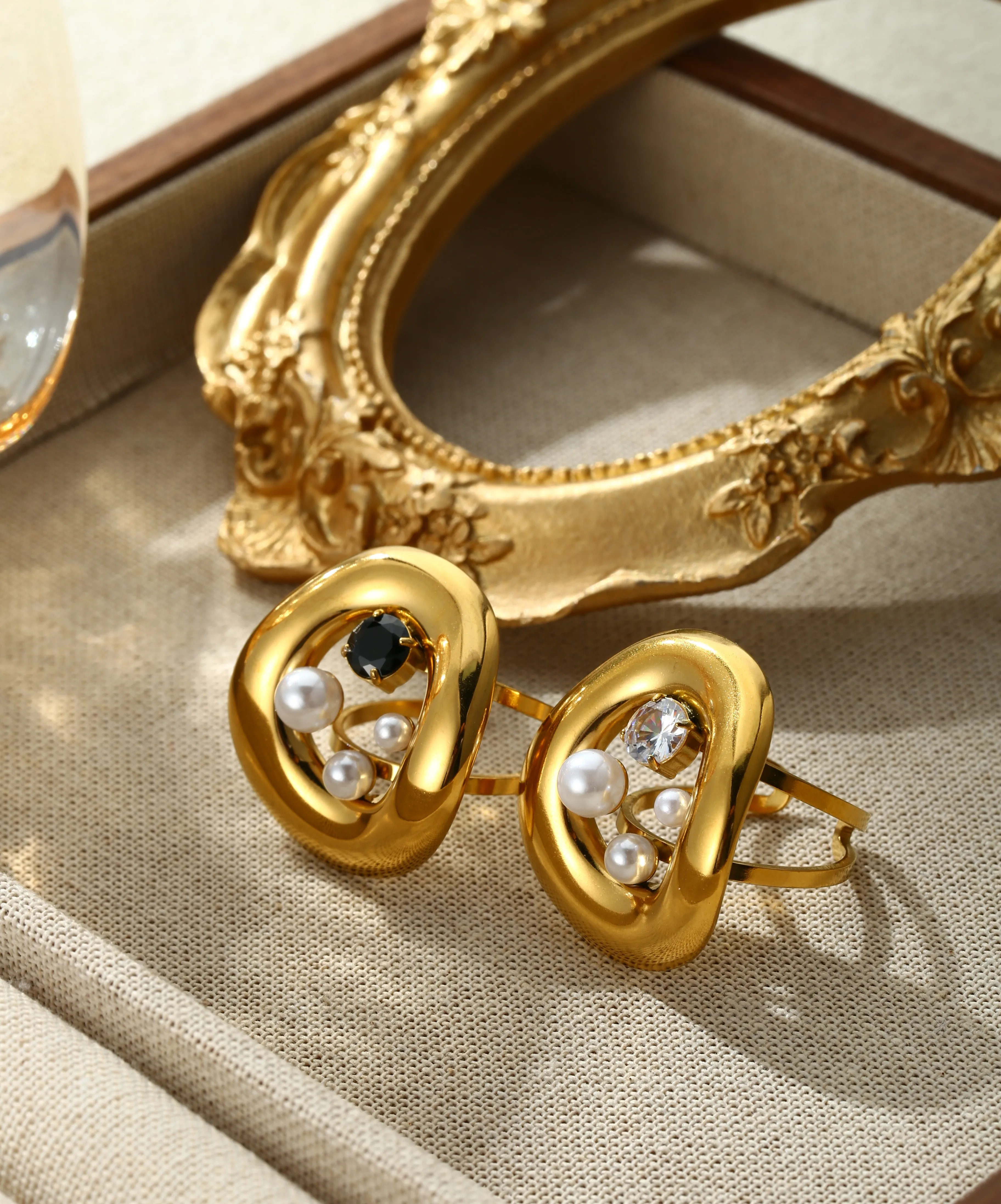 

Stainless Steel Heart Clear Pearl Heads Ring 18K Gold Plated Stainless Steel Party Women Jewlery Couple Aesthetics Jewelry Gifts