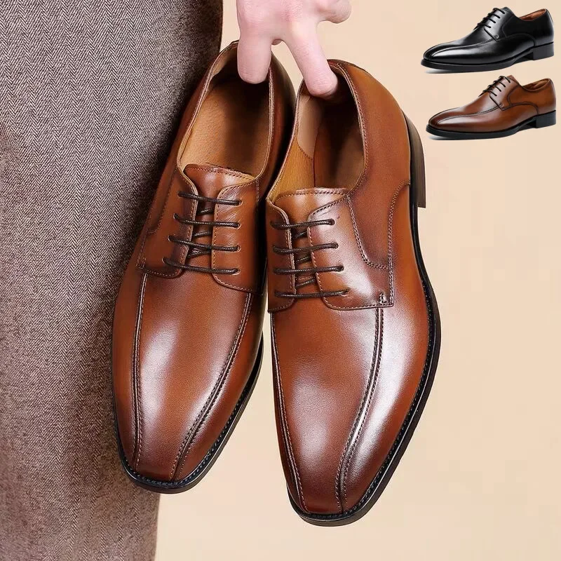 Designer Men\'s Leather Shoes Black Square Toe Dress Derby Shoes Fashion Formal Wedding Gentleman Lace-ups Zapatos De Hombre