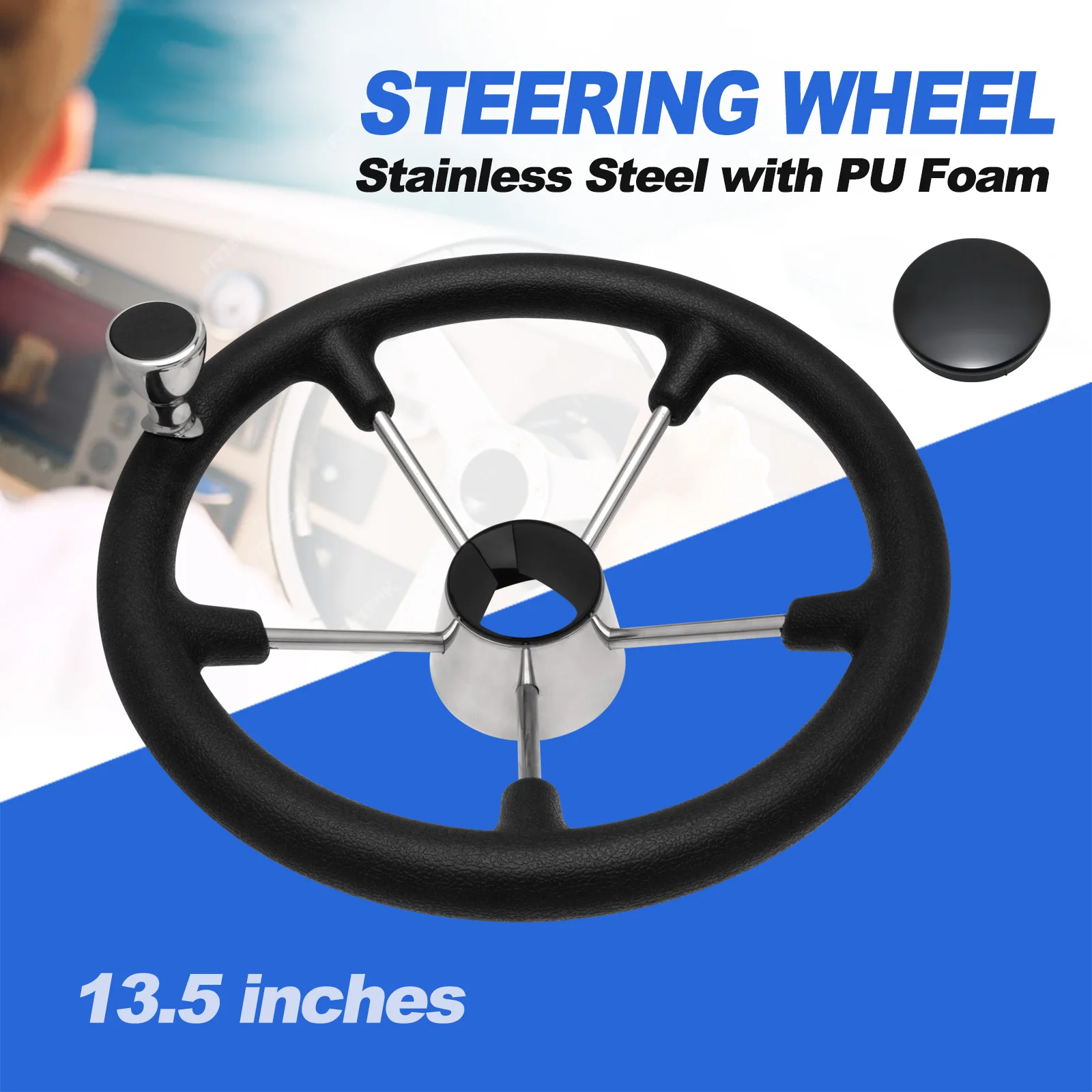 13.5’’ 5-Spoke Stainless Steel Boat Steering Wheel with Knob – Marine Yacht Pontoon Durable Control Wheel