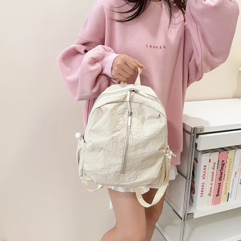 Casual Pleated Nylon Backpack Solid Color Large Capacity Rucksack Durable Lightweight Student School Bag Men