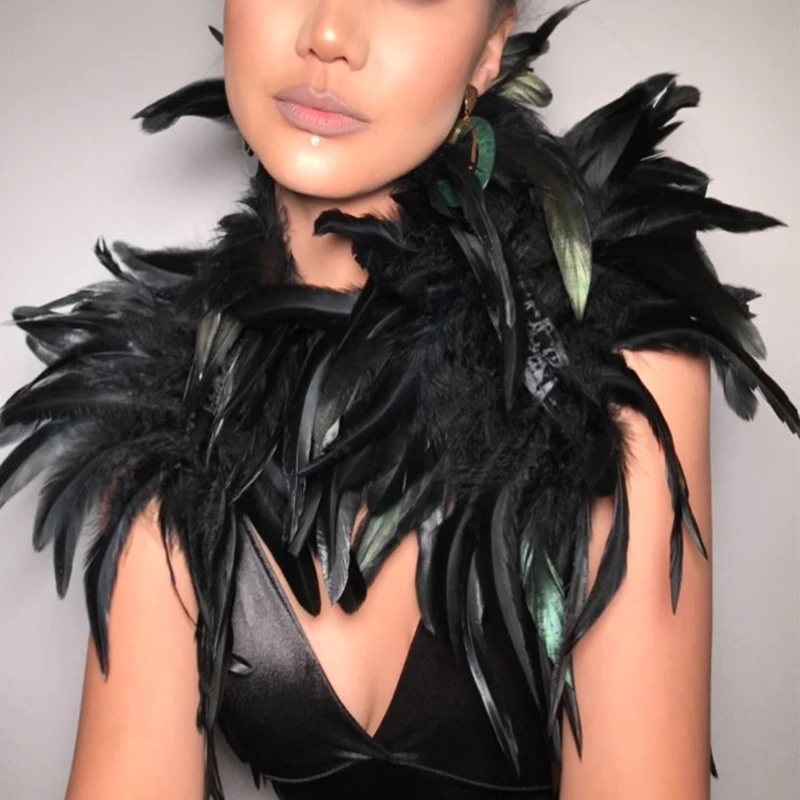 Black Natural Feather Shrug Shawl Shoulder Wraps Cape Gothic Collar Cosplay Party Body Cage Harness Bra Belt Feather Fake Collar