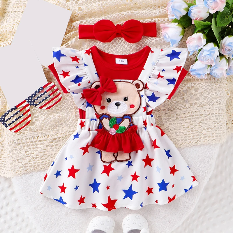 

Toddler Baby Girls Jumpsuit Outfits Solid Color Short Sleeve Rompers Stars Print Suspender Skirts Headband 3Pcs Clothes Sets