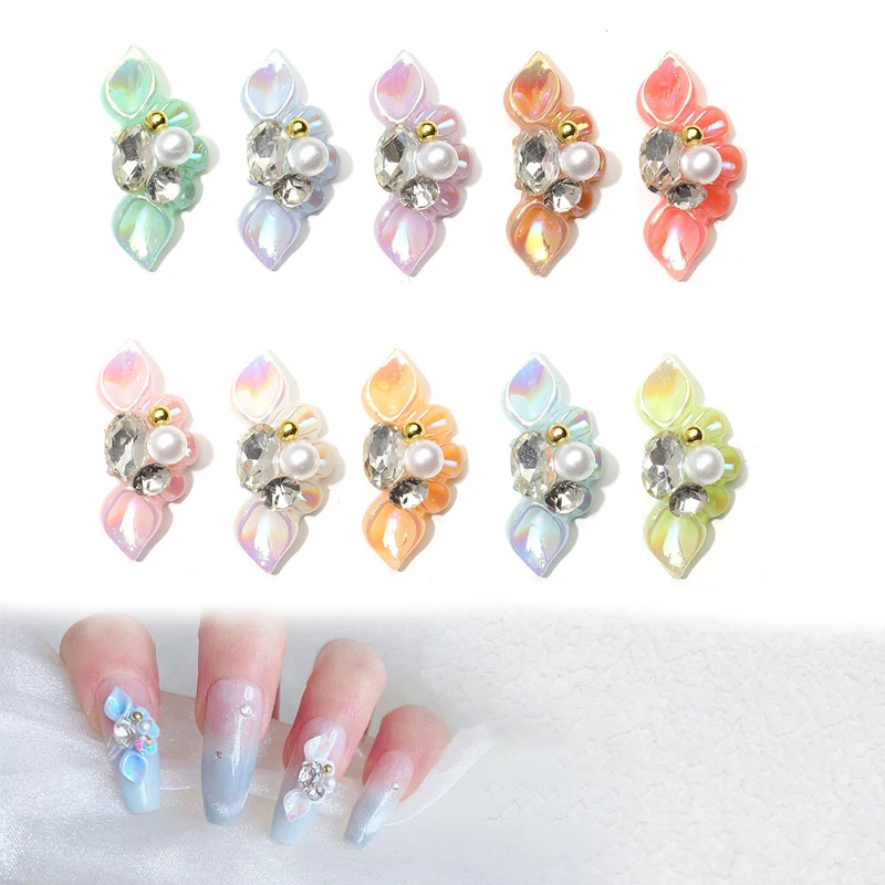 2 stuks Aurora Side Flower Nail Art Charms 3D Bloemen Met Parel Strass Kristal Nail Art Decoratie Nagel DIY Accessorie