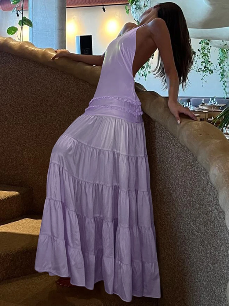 Sisterlinda Ruffleซ้อนชุดMaxi Halter Solid SlashคอBacklessจีบหลวมVestidosหญิงคลาสสิกเทศกาลFrock