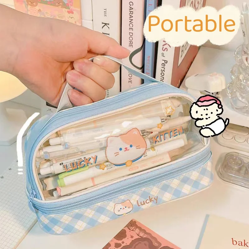 Kawaii Pencil Case Double Layer Large Capacity Pen Bag Cartoon Portable Pencil Box School Student Supplies Stationary Organizer