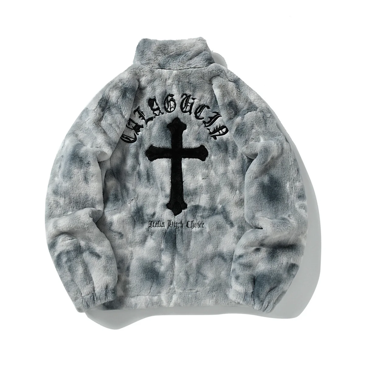 Y2K Vintage Fleece Jacket Grey Black Tie-Dye Faux Rabbit Fur Coat with Cross Embroidery, Unisex Oversized Streetwear Coats