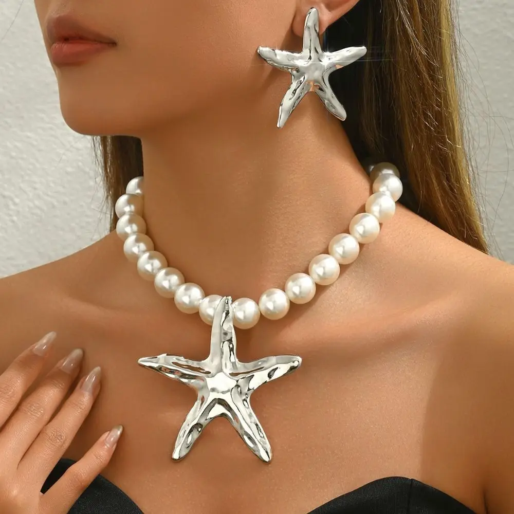

Sea Series Starfish Beaded Necklace Jewelry Bohemian Women's Imitation Pearl Chain Pentagram High-end