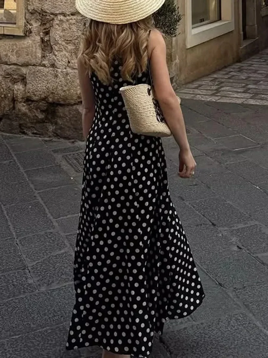 TWOTWINSTYLE ชุดเดรสพิมพ์ลายจุดย้อนยุคฝรั่งเศสสําหรับผู้หญิง O คอแขนกุดเอวสูง ​ ​ พับชุดพรหมหรูหราหญิงฤดูร้อน
