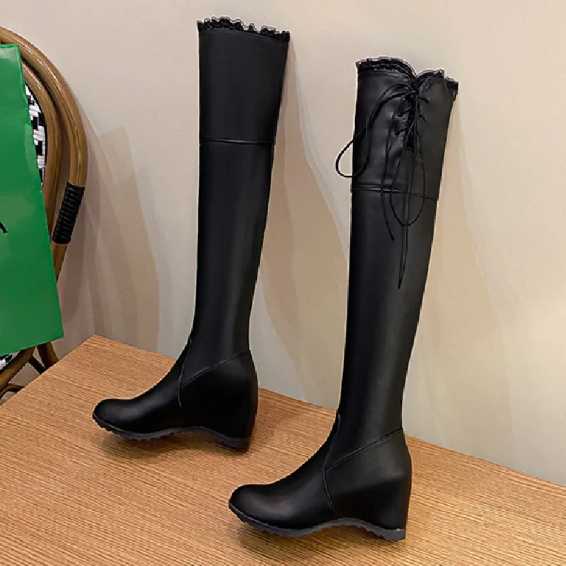 Fashion Thigh High Boots Women Black White Sexy Stretch Over the Knee Boot Female Height Increasing Wedge Winter Tall Long Shoes view 5