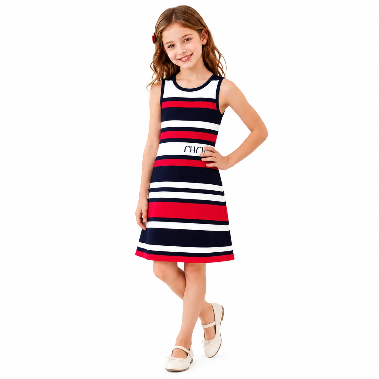 CH Kids Sleeveless Striped Dress Embroidery Girls Summer Tank Dress Navy Red White Stripe A-line Casual Children Clothes