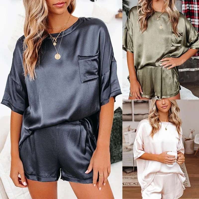 2024 New Arrival Hot Sale Women's Solid Color Chiffon Pajamas Homewear Short Sleeve Shorts Loose Casual Two Piece Set Clothes