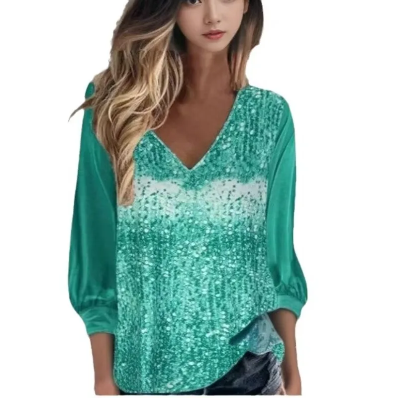 Moroder 2025 primavera/verão pulôver com decote em V com painéis de lantejoulas e mangas de sino da moda camiseta feminina