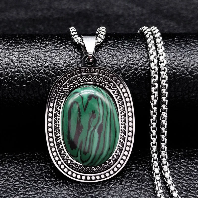 Stainless Steel Boho Malachite Stone Necklaces Chain Women/Men Silver Color Necklace Jewelry sautoir femme long bohème N2737S04