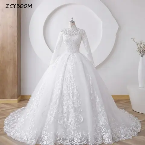 Customized Muslim High-Neck Appliques Long Sleeves Wedding Dress 2026 Ball Gown Floor Length Sweep Train Exquisite Bridal Gown