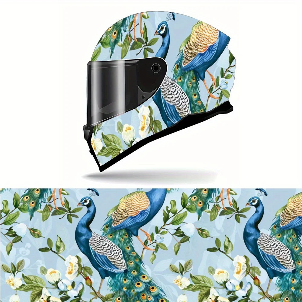 

Blue Based Peacock and Flower PVC Motorcycle Helmet Vinyl Wrap, Self-Adhesive Waterproof Sticker, Anti-Scratch Decorative Film f