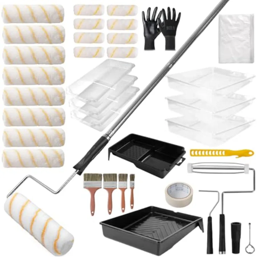 

【Spot goods】36PCS Paint Roller Kit with 4-Section Pole 9''and 4''Roller Trays Heavy-Duty Frames Microfiber Paint Rollers Brushe
