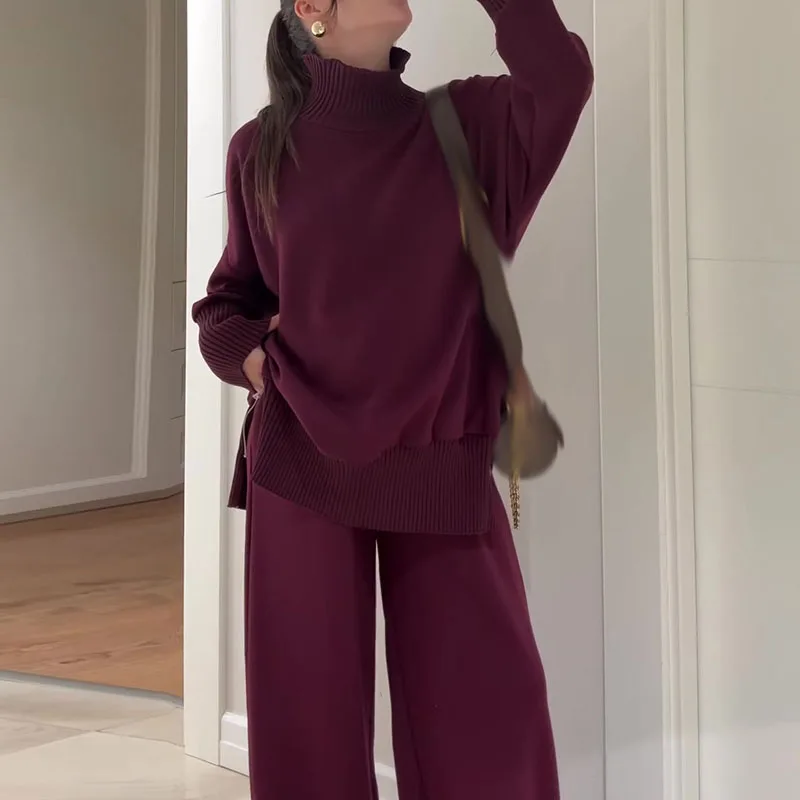 Outono inverno solto de malha duas peças conjunto simples cor sólida manga longa roupa casual feminino elegante bolso calças retas terno