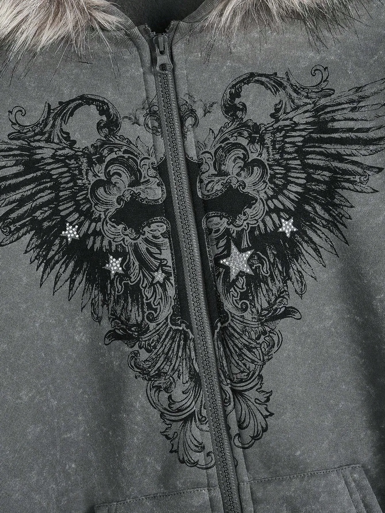 Sudadera con capucha gótica de ala y diamantes de imitación cruzados con capucha de piel sintética, sudadera cálida con cremallera de invierno para mujer