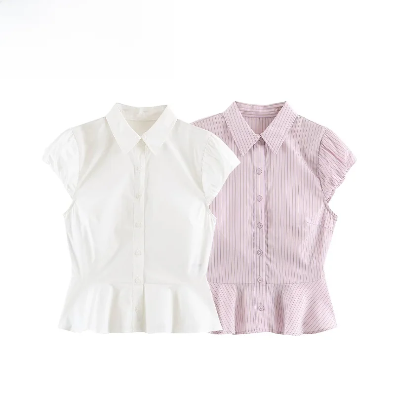 Fashionable Versatile Striped Blouse ZR Autumn New Arrival Women's Shirt Breathable Polyester Short Sleeve Gathered Hem