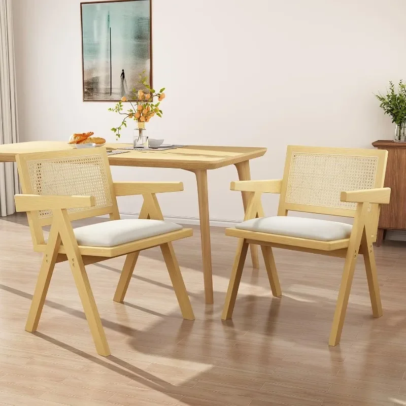 

Upholstered Dining Chairs Set of 2, with Armrest and Cane Backrest, Mid Century Modern Dining Room Chairs, Beige Linen Wooden