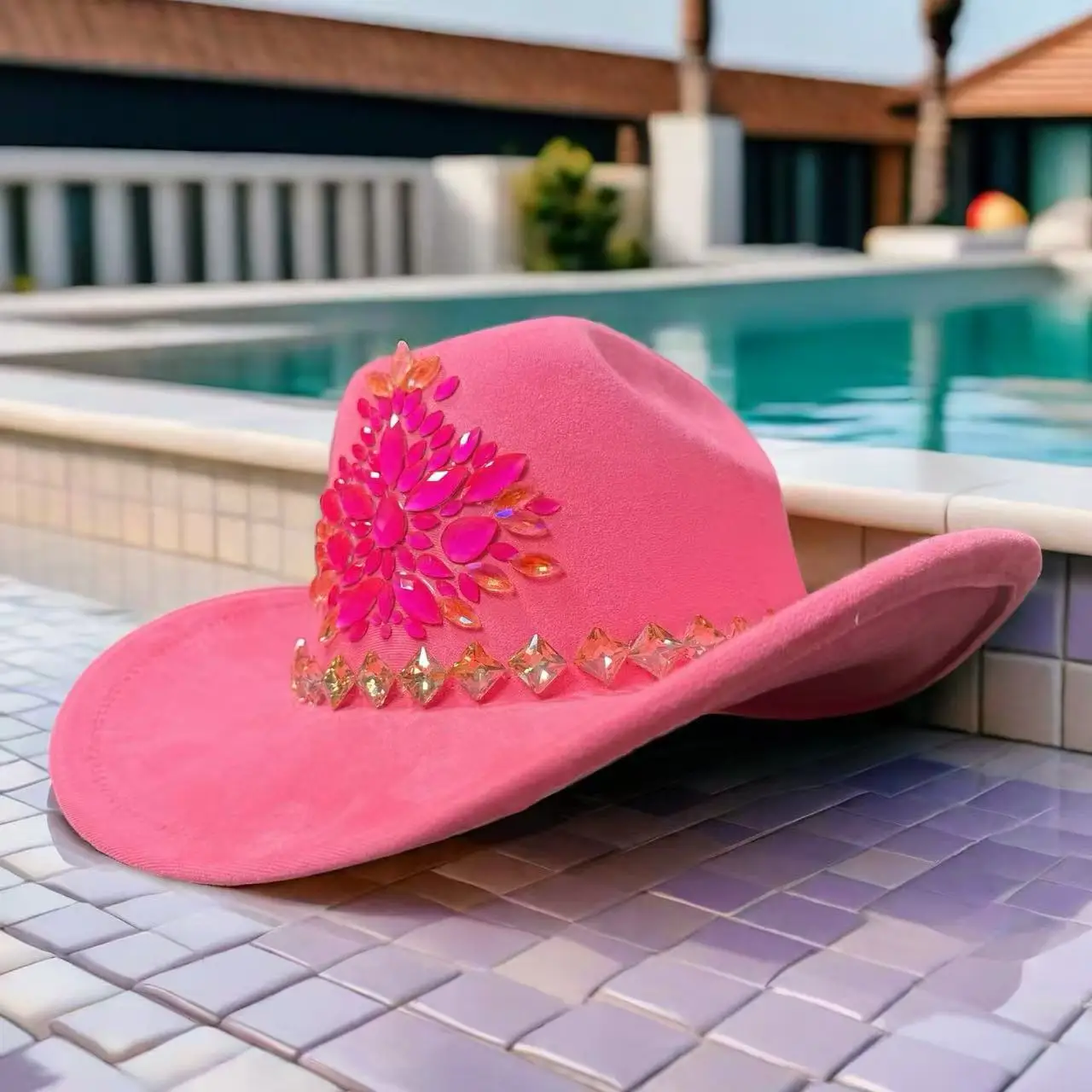 HongLuan Pink Felt Glitter Costume Hat Adult, Cowboy Hats Rhinestone for Woman, Cowboy Cosplay Female Accessories & Cowgirl Cap