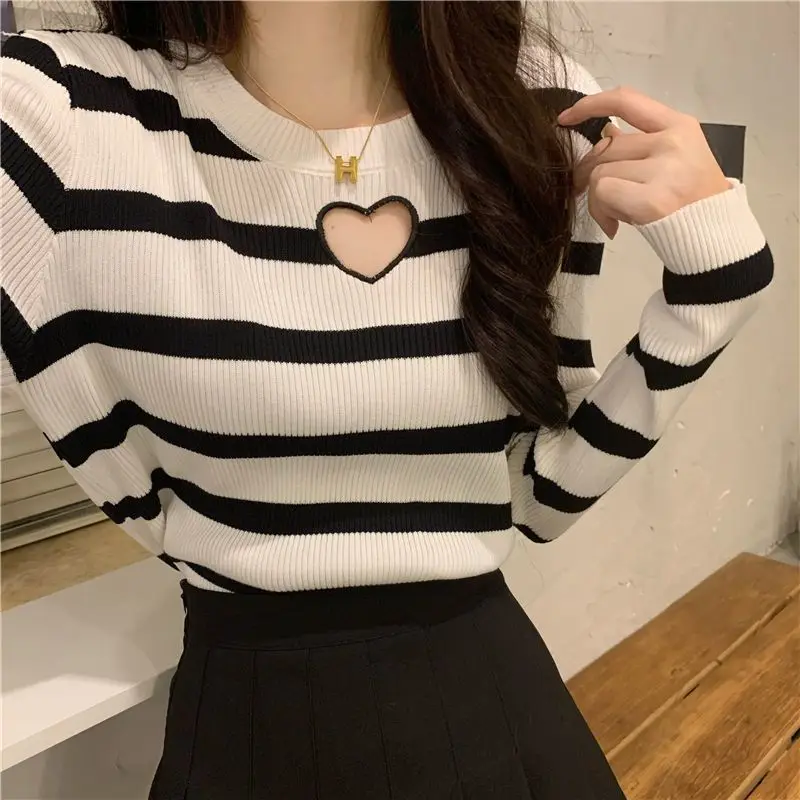 Women Clothing Fashion All-match LOVE Hollow Out T-shirt Autumn Winter Elegant Chic Striped Long Sleeve Pullover O-neck Knit Top