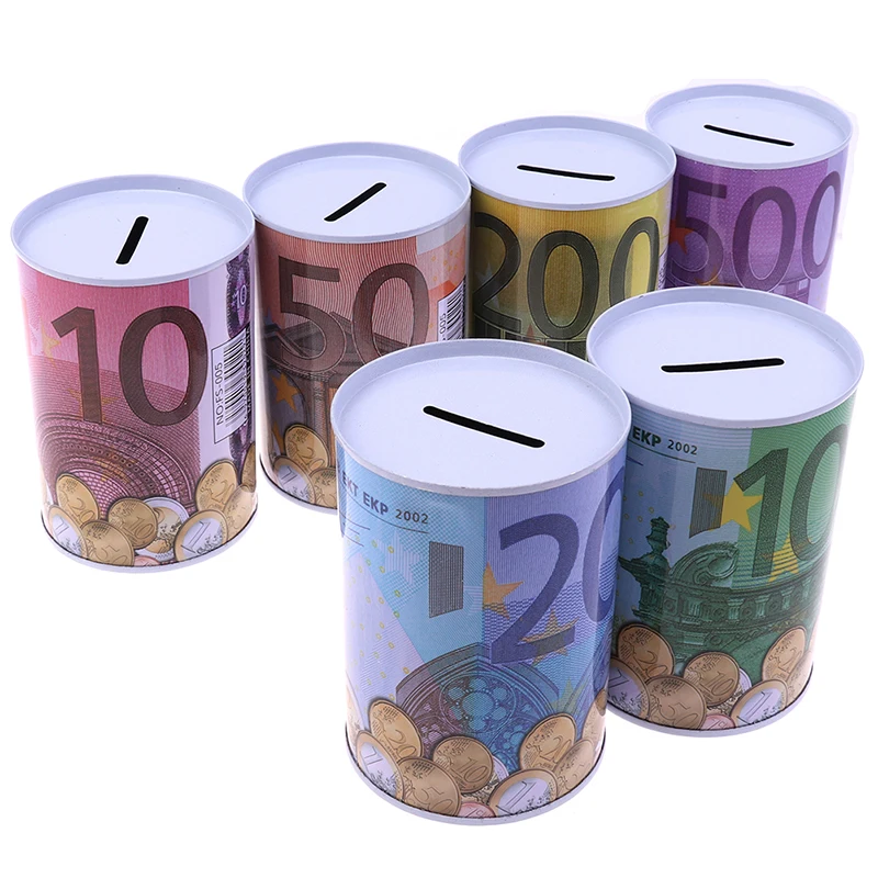 1Pc Creative Euro Dollar Metal Cylinder Bank Saving Money Box Home Decoration For Coins Deposit Storage Boxes Home Decoration