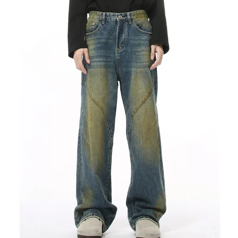 

2025 Men's autumn new fashion Korean version dyed vintage gradient straight tube Vibe loose and simple high waisted jeans