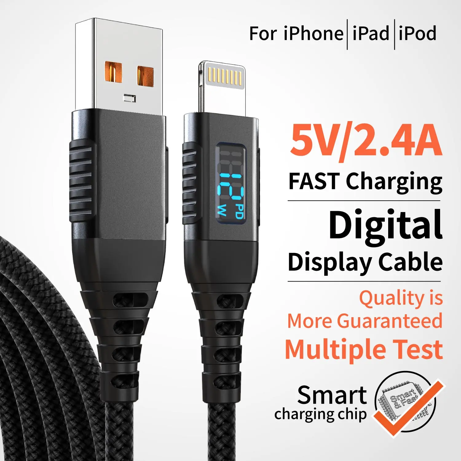 MFI-zertifiziertes 12W USB-A-auf-Lightning-Kabel mit schneller Ladefunktion und LED-Anzeige für iPhone 14/13/12/11/10 Serie, iPad Pro/Air