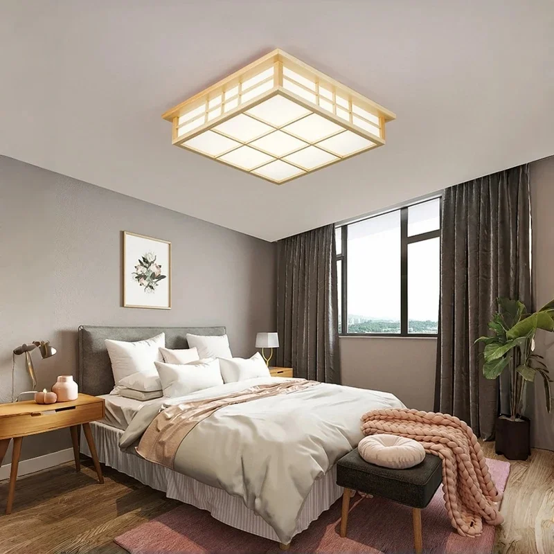 Natural Wood Japanese Style LED Ceiling Light Square Tatami Lamp for Bedroom Living Room