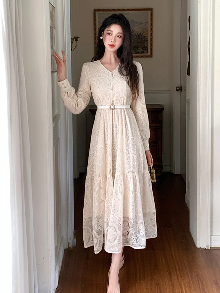 Roupas femininas doce renda flor bordado com decote em v fino a linha vestido longo elegante senhora moda vestidos robe casual outono coreano