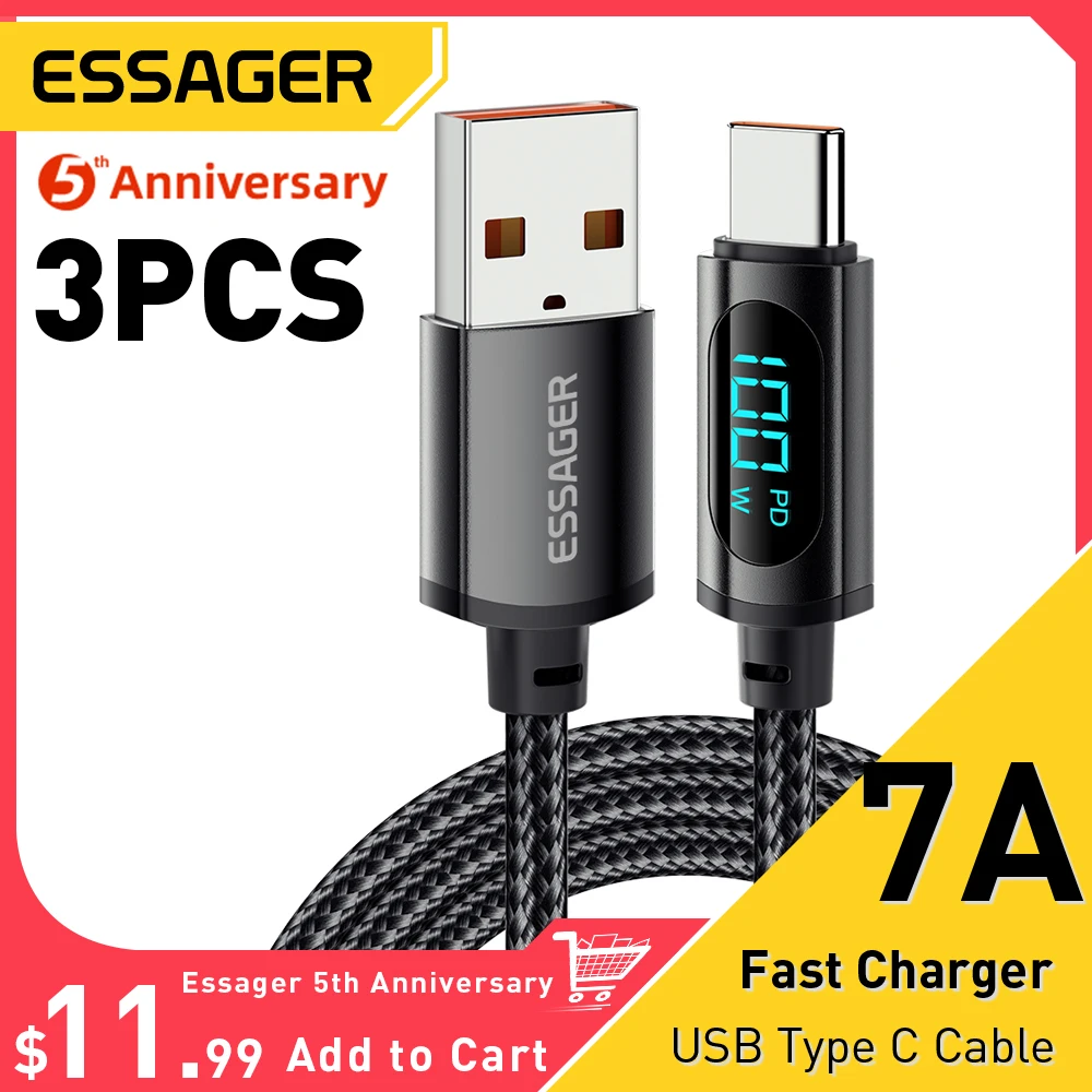 Essager 3PCS 7A USB Type C Cable Display PD 100W Fast Charging USB C Data Cord For Samsung Honor 70 Pro Oneplus Charger Wire