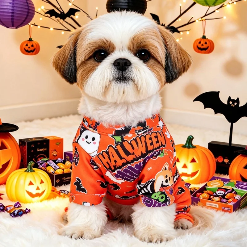 Halloween Print Dog Jumpsuit Soft Dog Clothes Cute Pet Pajamas Warm Puppy Romper Luxury Cat Overalls Holiday Party Poodle Outfit 4