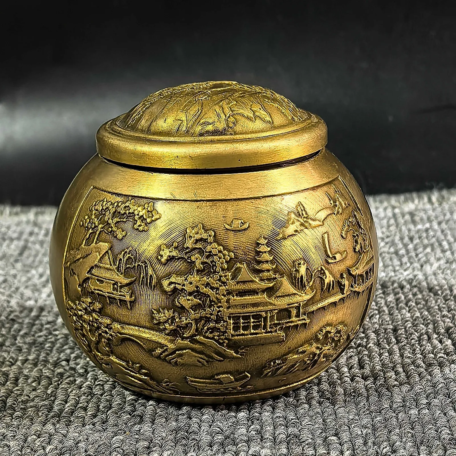 Solid Brass Tea Canister Poetic Landscape Airtight Storage