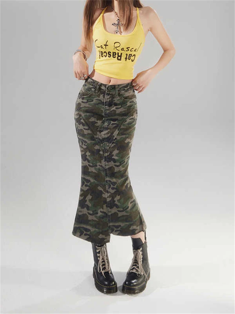 

Women 2000s Midi Denim Skirt Camouflage Trumpet Mermaid Skirts Kpop Abi Y2k Party Design Gyaru Coquette E-girl Harajuku Grunge