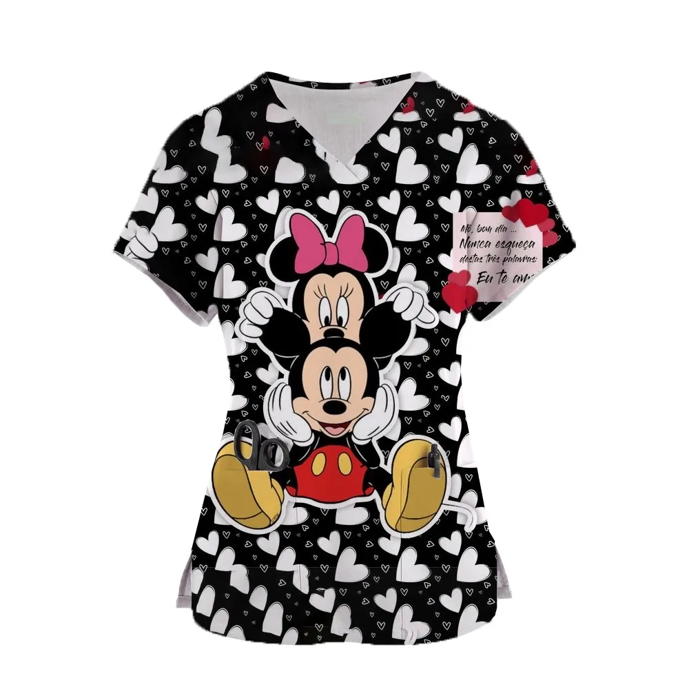 

New Nurse Work Clothes Spring And Summer European And American Mickey Mouse Printed Pullover Nurse Uniform T-shirt For Women