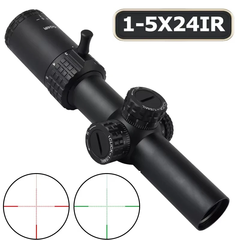 Tractical 1-5x24IR Long Eye Relief Rifle Scope Red & Green Illuminated Reticle Hunting Optical Shooting Sight for 11mm/20mm