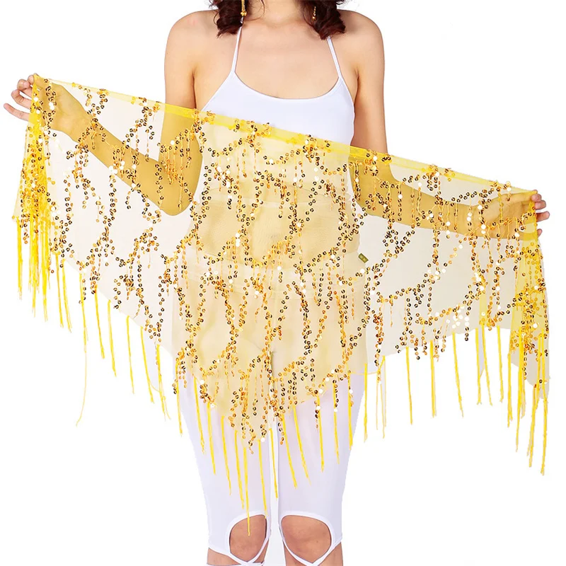 Sparkly Tassel Sequins Belly Dance Hip Scarf Women Lesson Wear Triangle Waist Chain Skirts Wrap Belt Stage Costume Rave Outfits