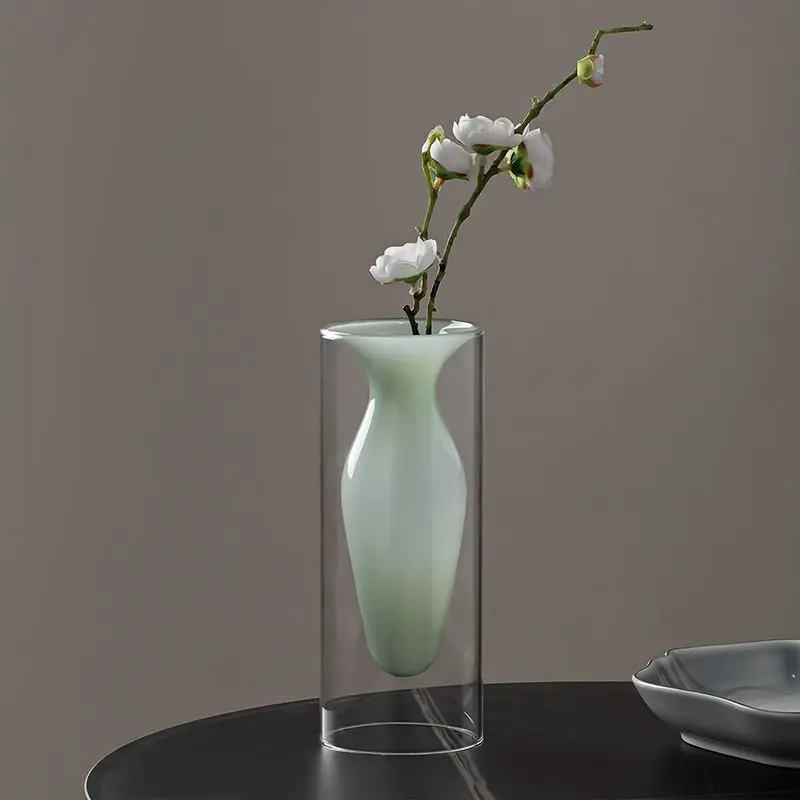 Double Layer Light Jade Green Glass Vase Minimalist Modern Desktop Flower Vase For Home Office Living Room Wedding Decor Flower