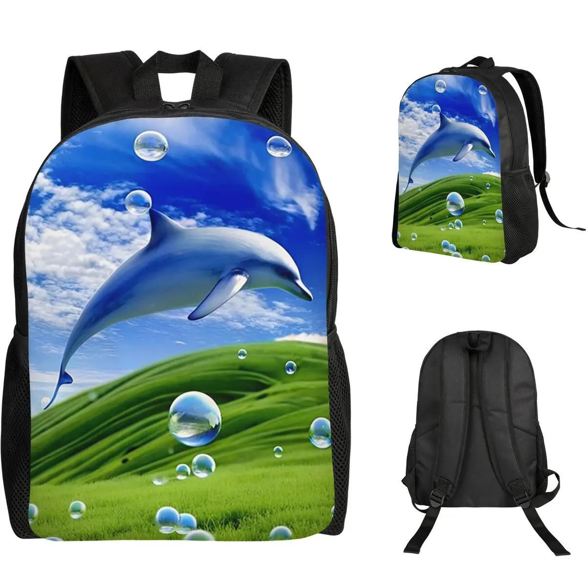 Frutiger Aero Dolphin Y2k Aesthetic Meadow With Bubbles And Mountains And Sky Backpack BookBag School Bag Laptop Shoulder Bags