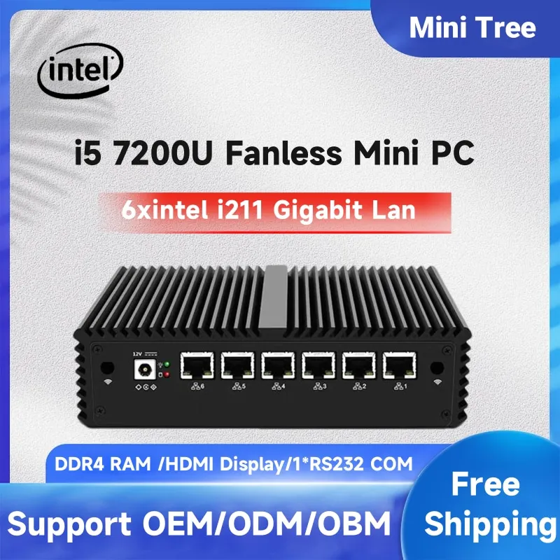 Mini computer industriale aziendale senza ventola Core i3-7100U i5-7200U 2 core a bassa potenza 6 × i211 LAN Firewall PC Pentium 4415U Pfsense
